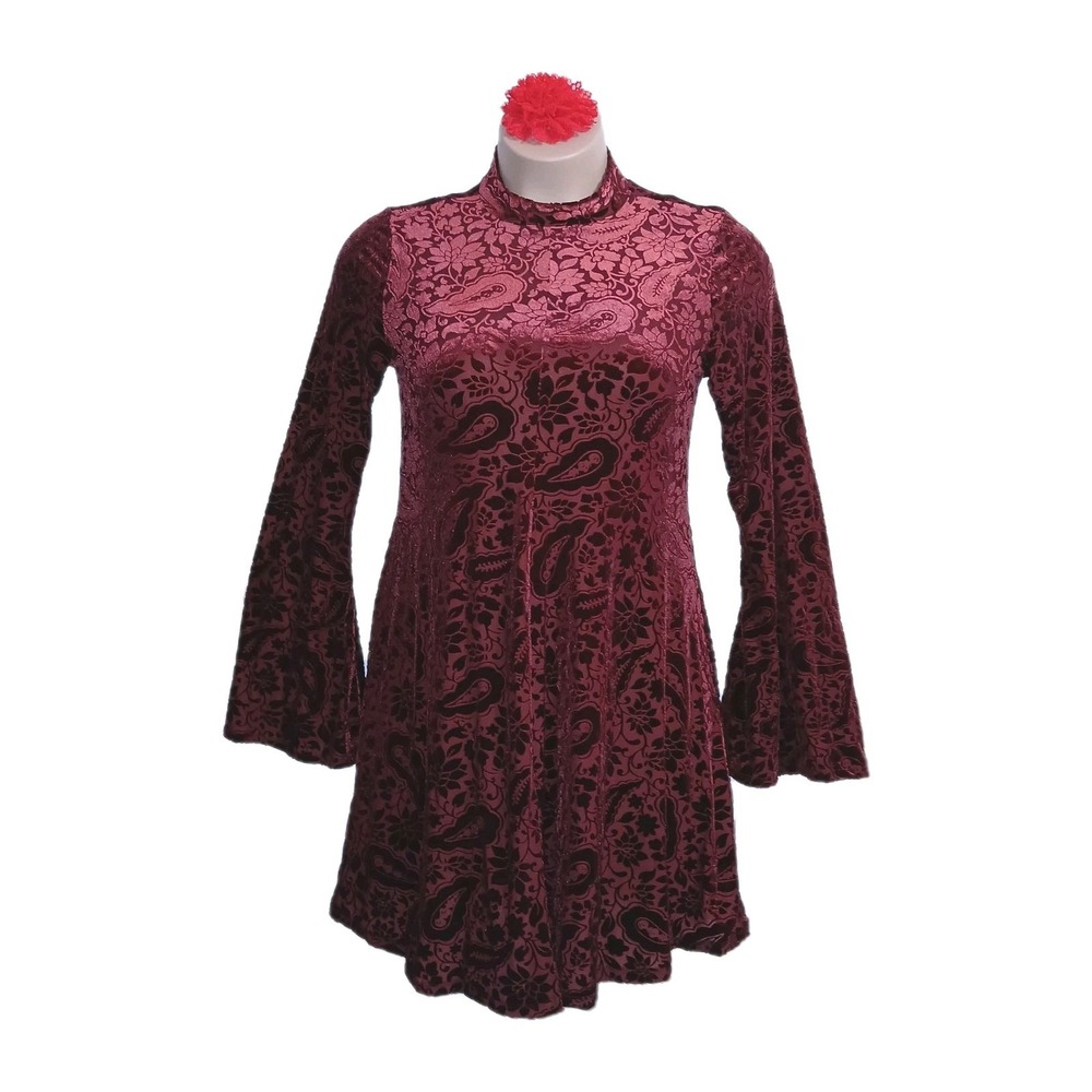 Old Navy Velvet Burnout Paisley Dress L Burgundy Bell Sleeve Dark Boho Witchy